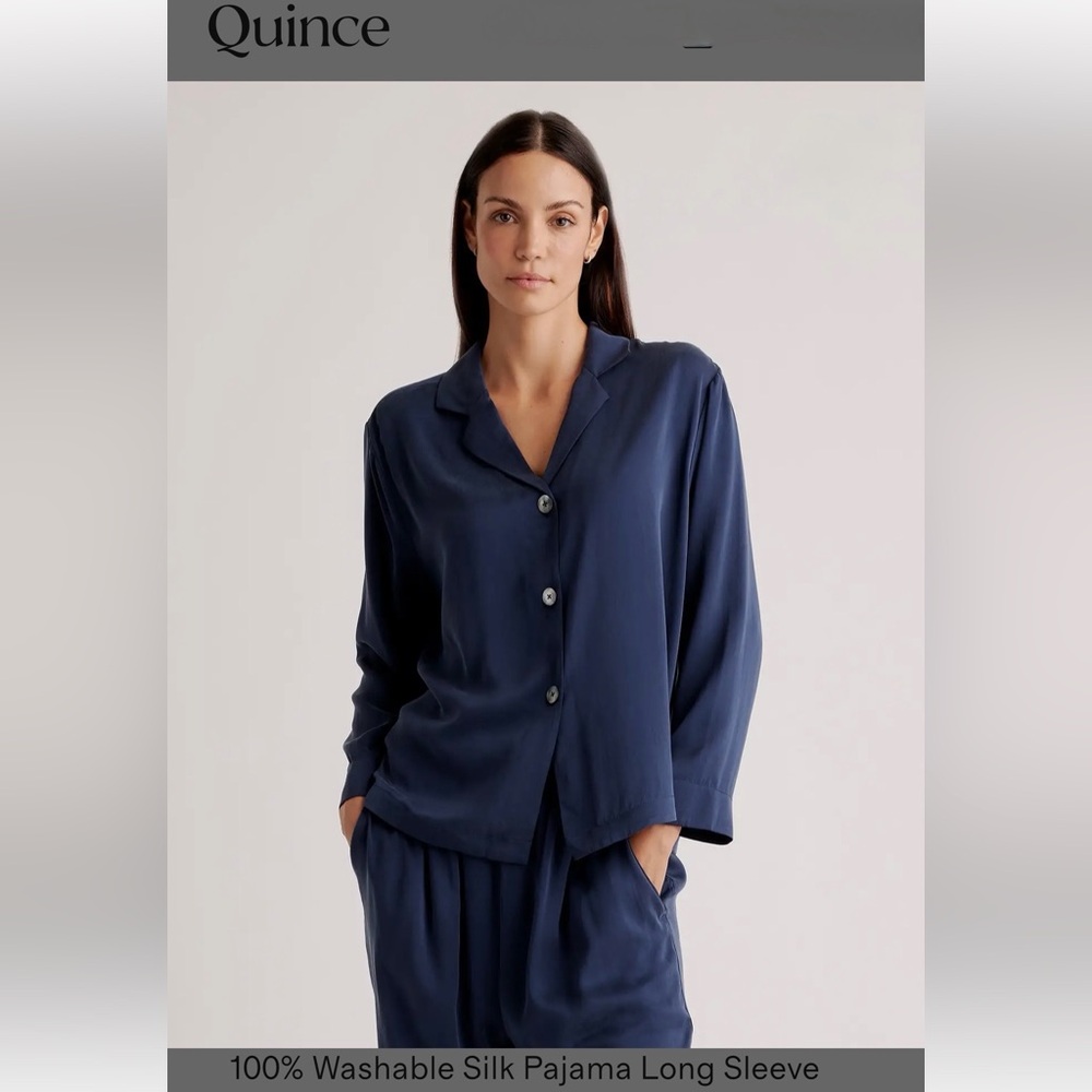 New!Quince 100% mulberry 100% Washable Silk Navy Pajama Long Sleeve Top(022)